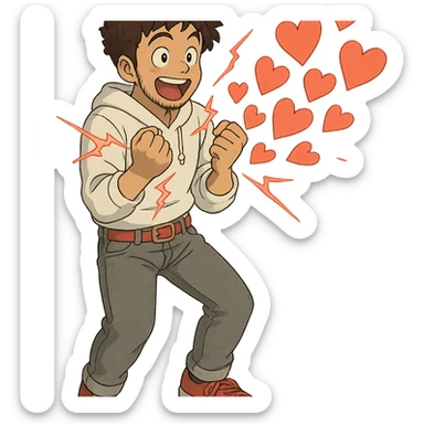 a burst of heart shapes that fits the theme: 1 male, mid fade haircut dark chestnut brown curly hair, toasted lightskin, white hoodie sleeves up, gray fashion jeans, red fashion-sneakers shoes, red belt, short trimmed beard and goatee,  style of deku from "my hero academia",  doing a "i adore that!" exclaimation pose with red electricity, sticker