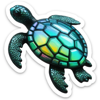 Sparkling Turtle made from kaleidoscopic crystalline rainbow oilslick cyan glass, stained glass art sticker