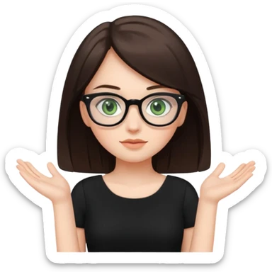 a cute white brunette girl with green eyes in a black dress wearing glasses  with two hands  sticker