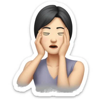 Headache, middle-aged Korean woman in her 40s, with only one hand on her head, painful face, black hair sticker