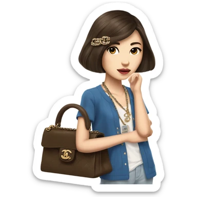 Realistic brown hair blue eyes Chanel Asian Girl with Birkin bag and Chanel necklace sticker