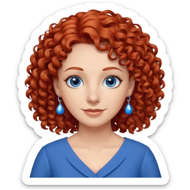 una profesora simpática con el pelo rojo rizado, ojos azules, vestido azul y pendientes azules sticker