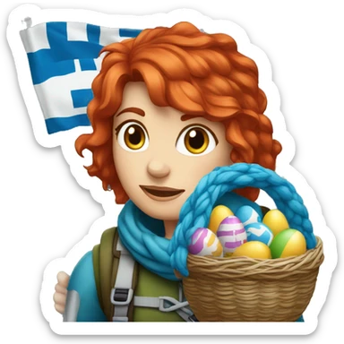 Female winter mountaineer red hair white skin climbing with Greek Flag and Easter eggs basket sticker