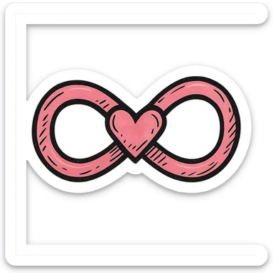hand-drawn pink infinity symbol with strong graphic outlines, stylized shadows and highlights, heart formed by the crossing point of the infinity, center of the symbol is a heart shape sticker