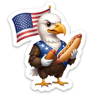 Bald eagle holding a baseball and a hot dog with an American flag in the background  sticker