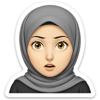người phụ nữ 30 tuổi, da vàng, đội khăn hijab, tóc ngắn màu đen, mặt biểu cảm hoảng hốt, áo màu xám đậm sticker