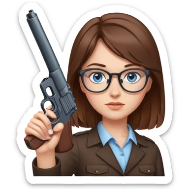 Brown hair blue eyes with glasses girl holding gun up sticker
