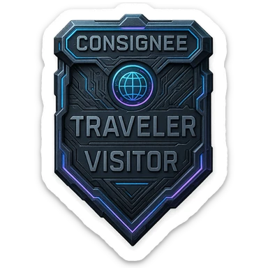 a metal insignia badge for a consignee traveler visitor, space scifi-futuristic cyberpunk futurepunk sticker