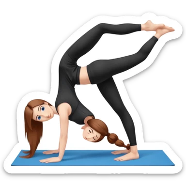 A girl with fair skin and a natural blush. Eyes are large, expressive, blue. Hair is long, straight, chestnut-colored. Smile is soft, friendly, does yoga in the downward facing dog pose, in a black top and leggings sticker