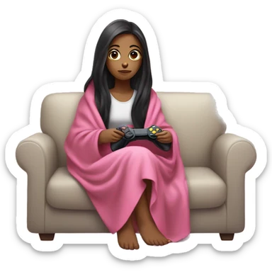 girl with long dark hair wrapped up in a blanket sitting on a couch with a pink gaming controller in her hands sticker