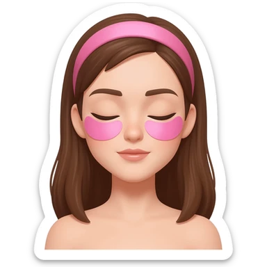 Brown hair woman, eyes closed, calm, pink headband, pink eye patches, glossy skin, 3D emoji style, white background sticker