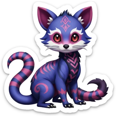 Rare warm-colored exotic gloomy tropical edgy cute epic aesthetic spooky indigo purple white black red gothic colorful Salandit-Furret-Espurr-Meowstic-Civet-species-Fakemon-hybrid-creature, with tribal tattoo markings, full body sticker