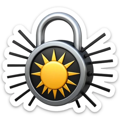 Emoji of a steel padlock snapping shut with a burst of energy lines and a rising sun silhouette behind it, symbolising tunnel vision, discipline, and a decisive new start. Bold minimal icon style, transparent background. sticker