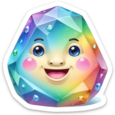 A single pastel rainbow crystal rock character, chubby and heavy with a chunky, irregular polygon shape,covered in faceted crystal planes and small chips, big glossy rainbow eyes and a small smiling mout sticker
