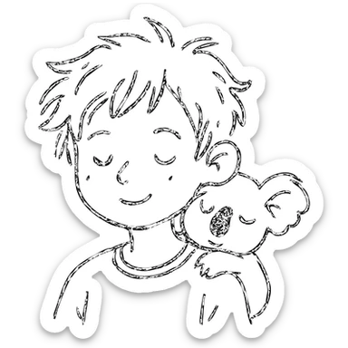 light brown messy haired boy with a tiny sleepy koala on his shoulder, hand drawn outlined icon sticker
