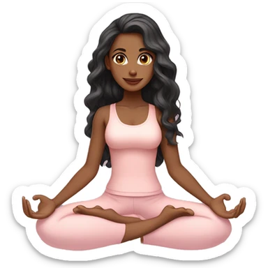black long wavy hair and brown eyes with light tan skin yoga girl in light pink clothes sitting on a yoga mat  sticker