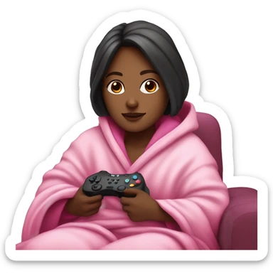 White girl with dark hair wrapped up in a blanket sitting on a couch with a pink gaming controller in her hands sticker