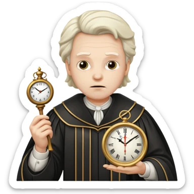 a 1600s judge with a hurried expression holding a clock that is UNFAIR sticker