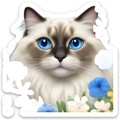 Realistic ragdoll cat with blue eyes and flower  sticker