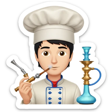 A white guy with black hair and smoking a modern rusian hookah with a Chef's hat sticker