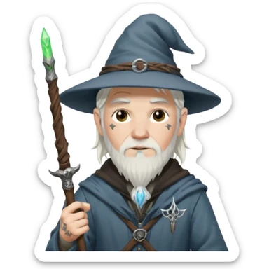 A punk guy with white hair, wearing a hat, holding a Gandalf staff and an AK-47 sticker