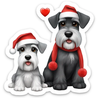 2 miniature schnauzers, 1 grey and 1 black, wearing Christmas hats with a heart sticker