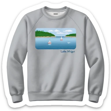 Sweat shirt with embroidered extremely tiny words “Lake Michigan” sticker
