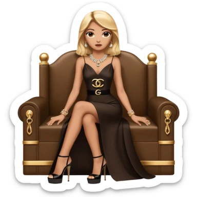 Lilith symbol light brown eyes. Woman of justice and power. Shoulder  length blonde haired  woman with Gucci and Chanel  bags next to her. Wearing long brown and black elegant dress with slit, sitting on a Chanel throne and diamonds everywhere around her. Black Platform high heels on feet. Chanel  sticker