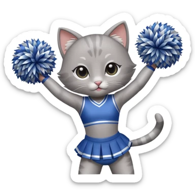 A cute chibi sleek grey cat cheerleader twirling pom-poms with confident energy. sticker