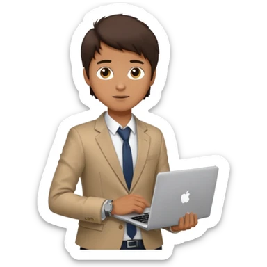 a light tan boy with messy dark brown hair. Wearing a blazer and carrying a lapotop. watch on wrist sticker