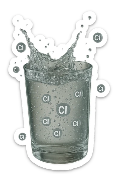 un bicchiere di acqua cade verticalmente dall'alto realistico e dettagliato, dentro l'acqua del bicchiere ci sono particelle di cloro ben visibili con la scritta "Cl" sopra, ci sono particelle anche che escono dal bicchiere e fluttuano in aria verticalmente, mentre alcune sono all'interno dell'acqua nel bicchiere, iperrealistico 4k sticker