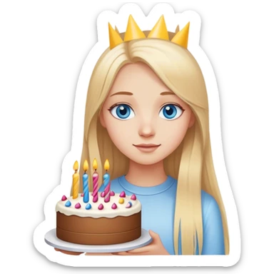 Straight long blonde hair blue eyes girl holding birthday cake sticker