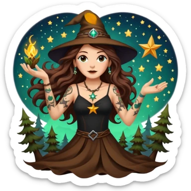 forest witch woman long wavy brown hair tattoos tossing star seed sticker