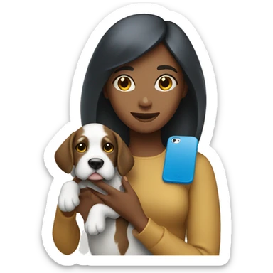 A girl holding a iPhone 15 bleu with a dog beside  sticker