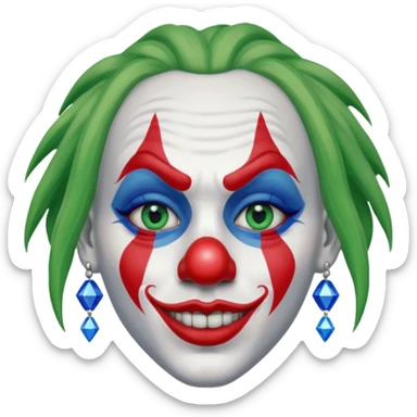 White face clown, with green dreadlocks, red lips, red ball nose, and blue diamond shaped eye paint sticker