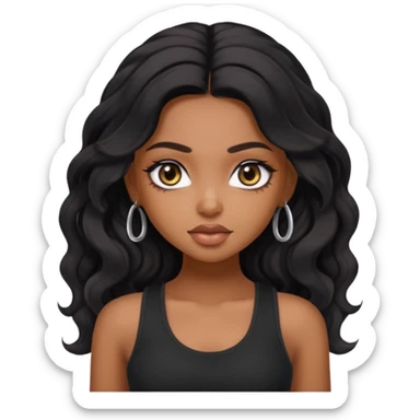 a pretty bratz dusky girl with long wavy black hair, kajal under eyes, black full sleeve tank top sticker