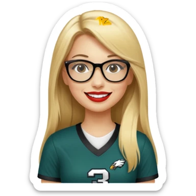 long blonde straight hair, black small glasses, smiling, lipstick, full length eagles football uniform, 33 sticker