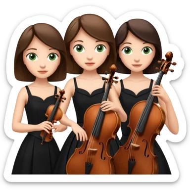 Create an imagine of three brunette women playing string instruments in black dresses, the first is playing a cello with blue eyes, the second is playing a viola with hazel eyes and the third is playing the violin with green eyes sticker