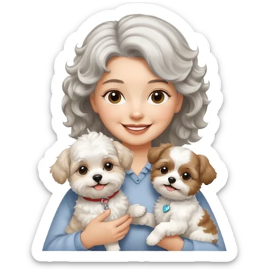 silver, short, wavy-haired with loose curls, smiling pretty lady holding a whit terrier dog and a white and tan shih tzu dog sticker
