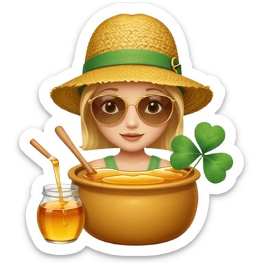 A hunny playing or eating out of a big pot of honey (like the one Winnie the Pooh played with) and have a Irish four leaf clover ground cover and a beach back drop  sticker