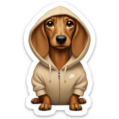 Dachshund wearing a beige hoodie with Nike Logo  sticker