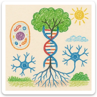 A realistic biological illustration (like in a school book) showing: DNA strands transitioning into a tree, cells with visible organelles, neurons connected to plant roots  and a balanced ecosystem background . Seamless integration, no labels or borders, white or transparent background, detailed but minimalist.  sticker