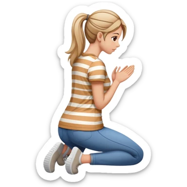 female figure in casual outfit with striped top kneeling on ground, back view sticker
