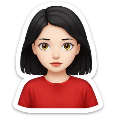 Buatkan aku emoji perempuan yang memiliki warna kulit cerah, mata yang cantik, dan mempunyai rambut hitam yang lurus dan sedikit bergelombang dan panjang rambutnya sampai ke pundak, dan memakai kaos pendek oversize berwarna merah  sticker