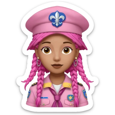 scout girl with pretty pink uniform, pink dreadlocks, and big earrings and scouts hat sticker