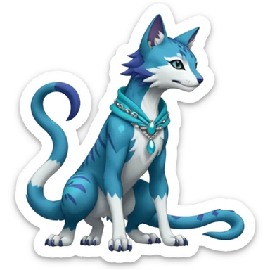 Kawaii cute Indigo Turquoise Grey beautiful pretty elegant divine edgy feline-vernid-sergal-Fakémon-Pokémon-Digimon-fursona-animal-creature, full body, with intricate detailed markings, silken shawl, decorative anklets sticker