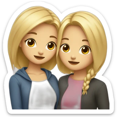 Two girls friends one with blonde short hair, second asian with long hair hugging each other sticker