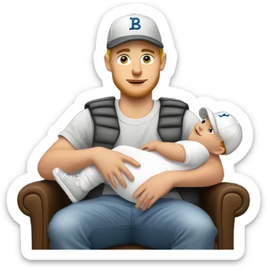 Young white man in baseball hat rocking a white baby in puffy grey rocker  sticker