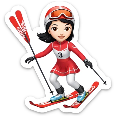 Ski racer woman black hair smile red white dress with the name Stephanie on the dress and the name HEAD on the skis sticker