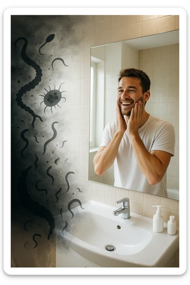 a man stands in a brightly lit bathroom, looking relieved and revitalized as he examines his reflection in the mirror. In the foreground, stylized, shadowy images of parasites (such as worms or protozoa) are shown leaving his body, dissolving into mist or fading away. His posture is upright and his expression is one of newfound energy and health. sticker